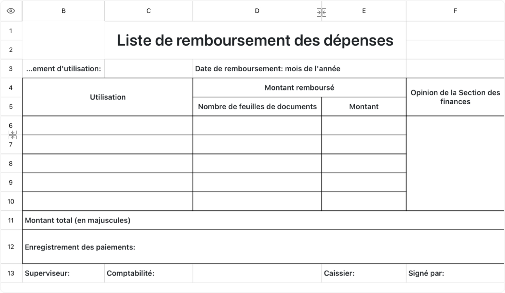Liste de remboursement des dépenses